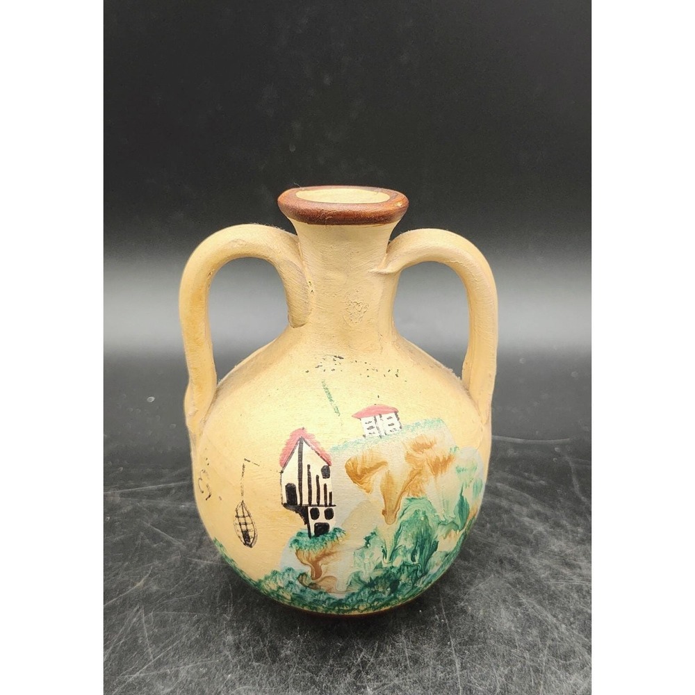 Vntg Hand Painted Folk Art Ceramic Dual Handled‎ Miniature Vase Beige 5" Signed